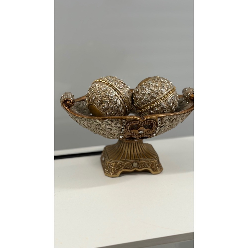 Ornate Gold Silver Decorative Pedestal Bowl with 2 Matching Spheres Rhinestones